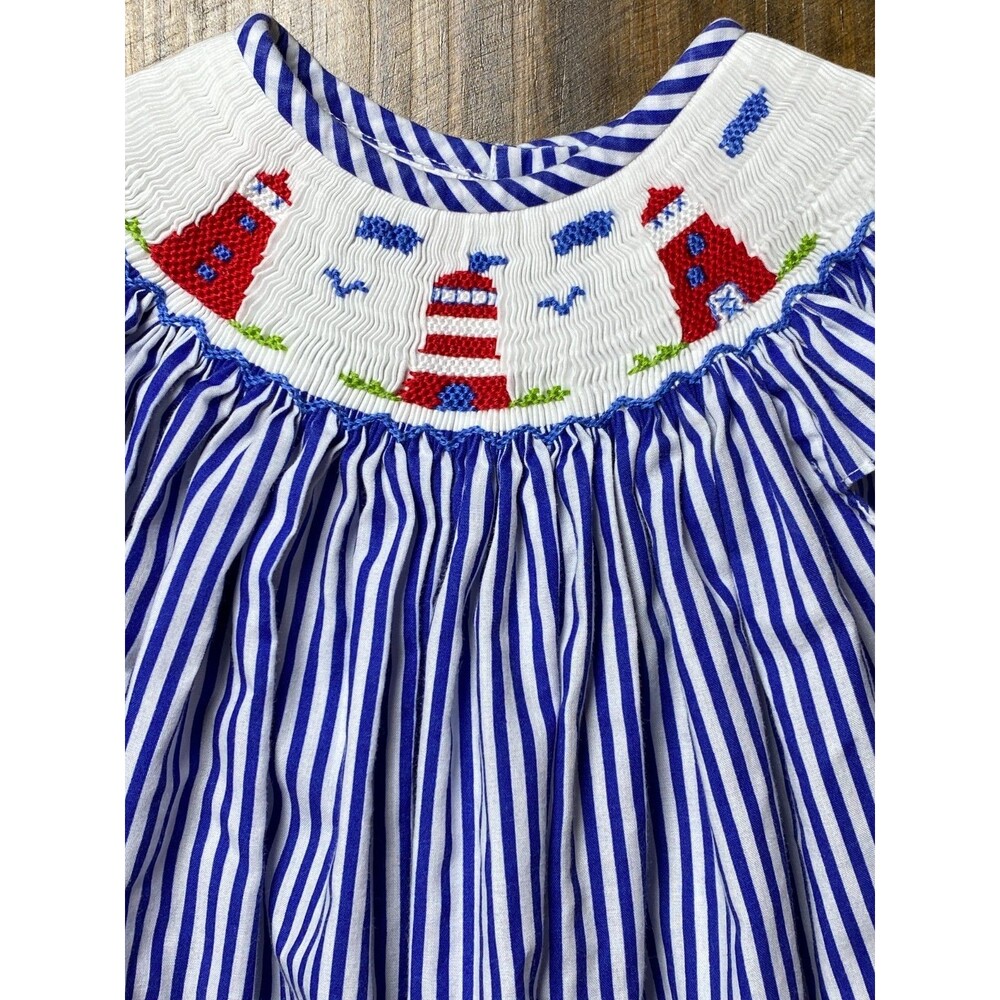 Smockadot Boutique Smocked Dress Girls 3T Lighthouses Seaside Blue/White Striped